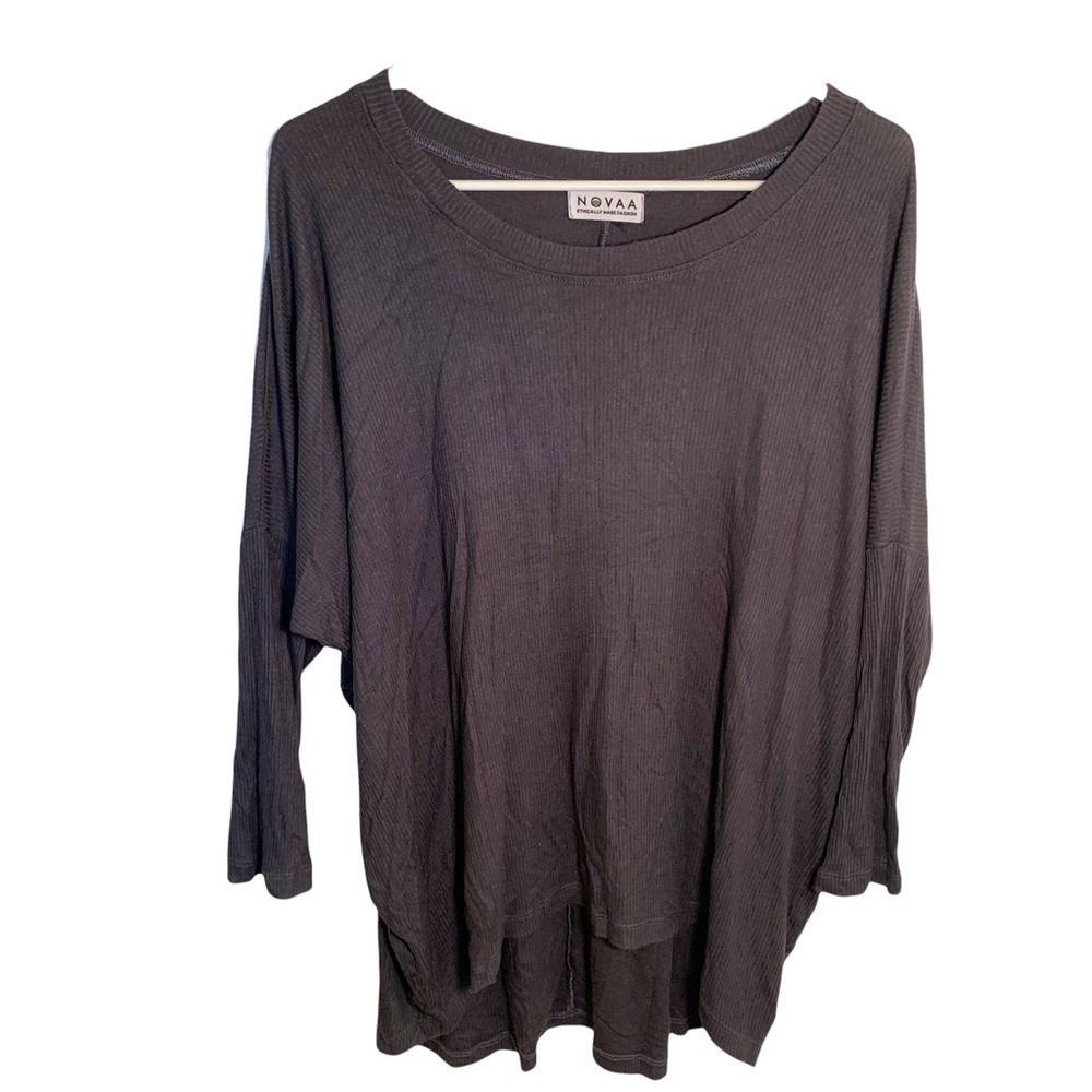 Novaa Women's One Sz Ribbed Hi-Low Dolman Sleeve Tunic Top Charcoal Gray Stretch